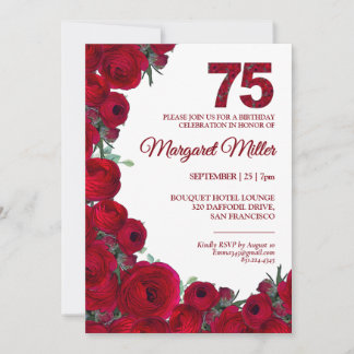 Bold Red Floral Number Elegant 75th Birthday Invitation