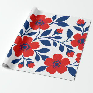 Bold Red Flowers and Navy Blue Leaves Wrapping Paper