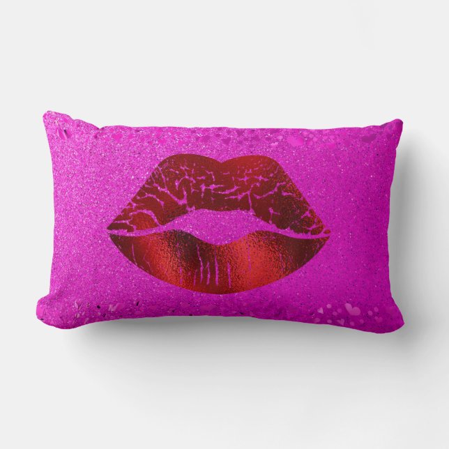 Bold Red Foil Lips Modern Simple Chic Pink Glitter Lumbar Cushion (Front)