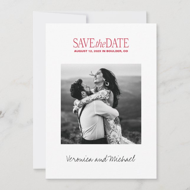 Bold Red Font Modern Photo Save The Date (Front)