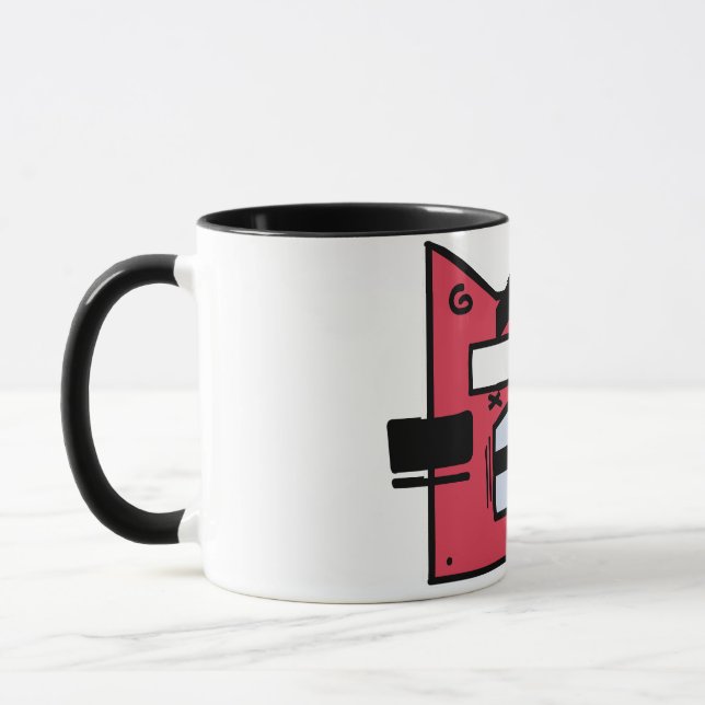 Bold Red Geometric Cat Mug – Quirky Cartoon Style (Left)