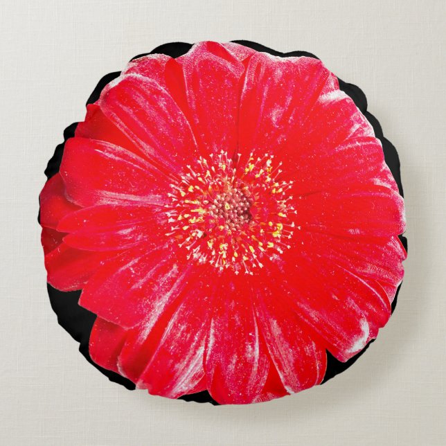 Bold Red Gerbera Daisy Round Throw Pillow (Front)