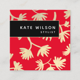 Bold Red Gold Artistic Floral Pattern Square Business Card