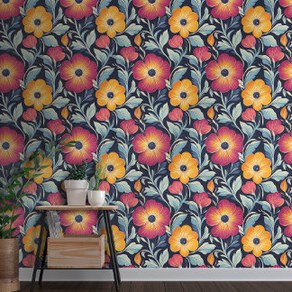 Bold Red & Gold Blooms on Navy Background Wallpaper