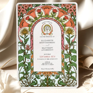 Bold Red & Golden Florals Art Nouveau Wedding Invitation