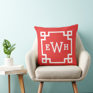 Bold Red Greek Key Monogram Initial Cushion