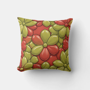 Bold Red Green Flower Pattern Glossy Heart Petals Cushion