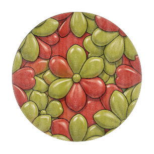 Bold Red Green Flower Pattern Glossy Heart Petals Cutting Board