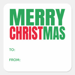 Bold Red Green Merry Christmas Typography To From Square Sticker