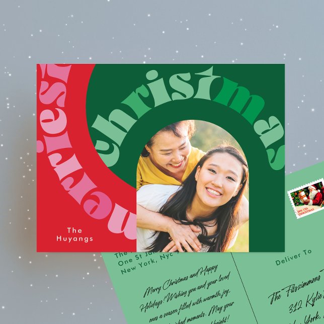 Bold Red Green Typography Oval One Photo Christmas Holiday Postcard (Creator Uploaded)