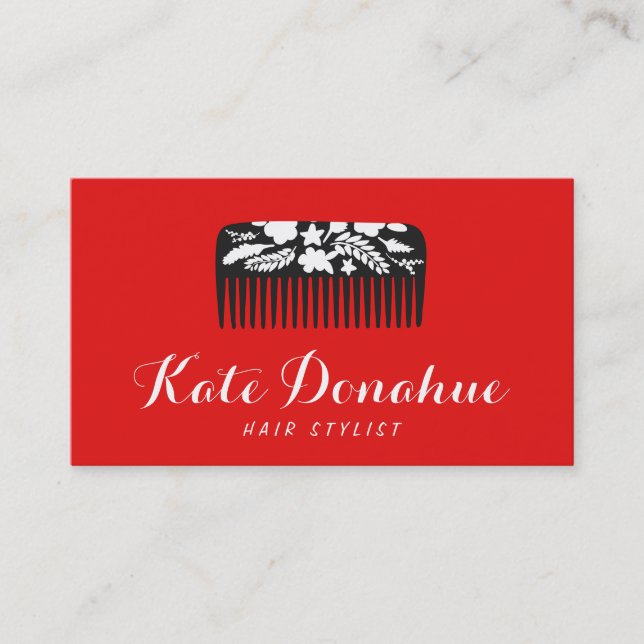 Bold Red Hairstylist Floral Comb Hair Salon Business Card (Front)