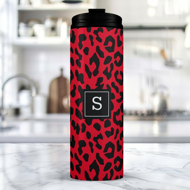 Bold Red Leopard Animal Print Monogram Thermal Tumbler (Creator Uploaded)