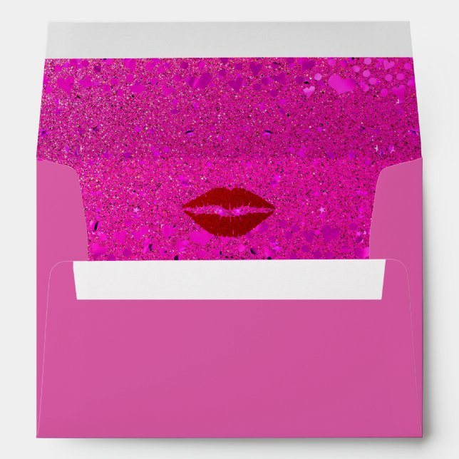 Bold red lips on pink glitter custom pre-addressed envelope (Back (Bottom))