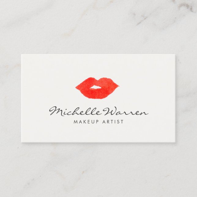 Bold Red Lips Watercolor Makeup Artist Business Card (Front)