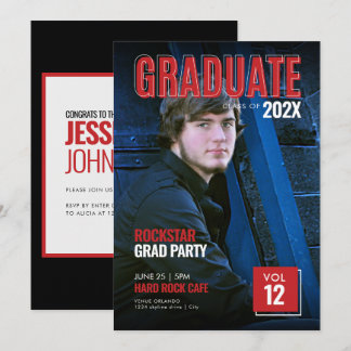 Bold Red Magazine Cover Grad Party Invitation