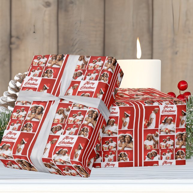 Bold Red Merry Christmas Photo Collage 2025 Wrapping Paper (Creator Uploaded)