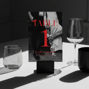 Bold Red Modern Black and White Photo Wedding Table Number
