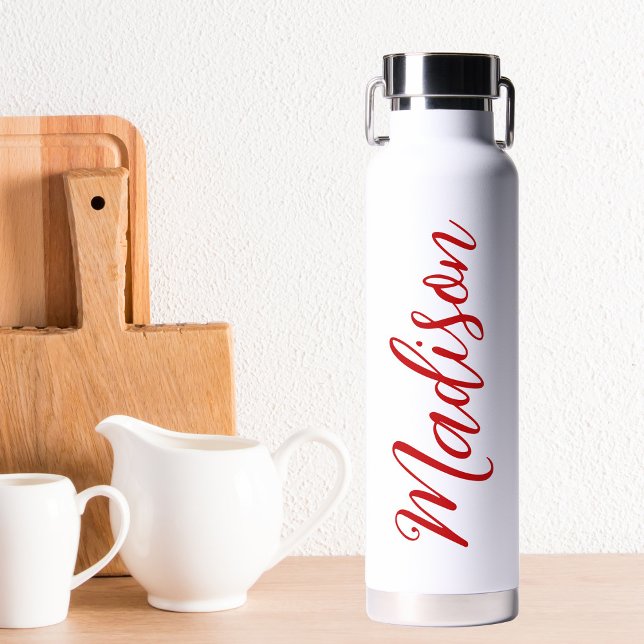 Bold Red Name Handwritten Script Custom Water Bottle (Creator Uploaded)