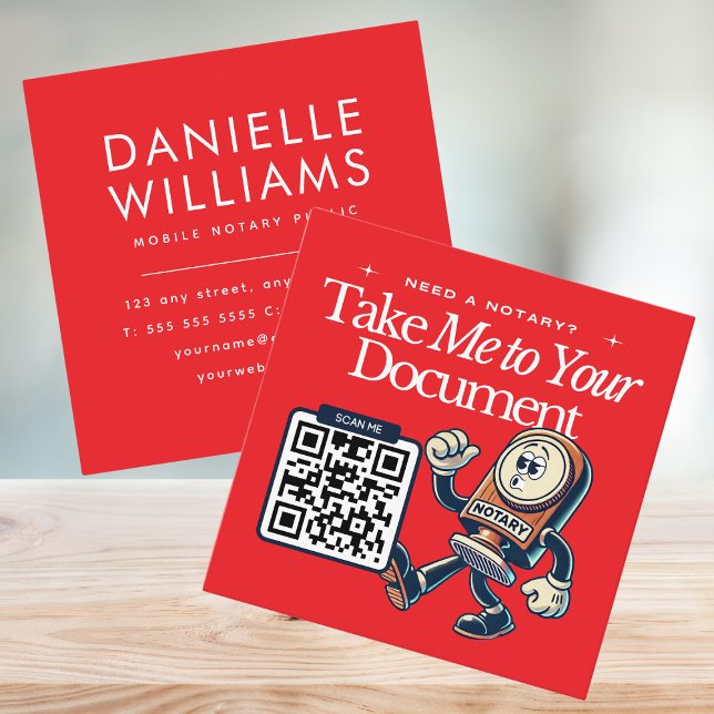 Bold Red Notary Public QR Code Fun Square Business Card (Bold red notary public business card with contact information and a QR code on the back)
