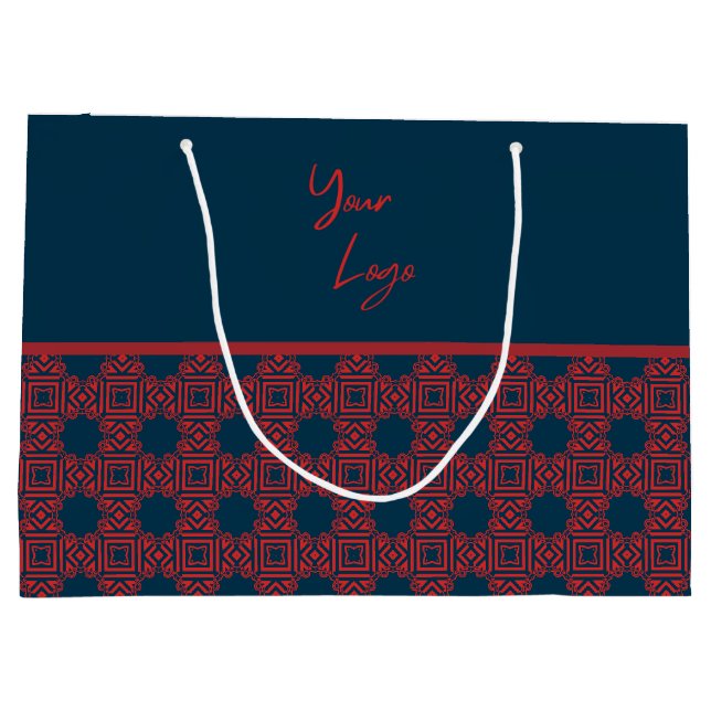 Bold Red on Navy Pattern Custom Business Logo  Large Gift Bag (Back)