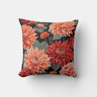 Bold Red & Orange Dahlia Floral Pattern Cushion