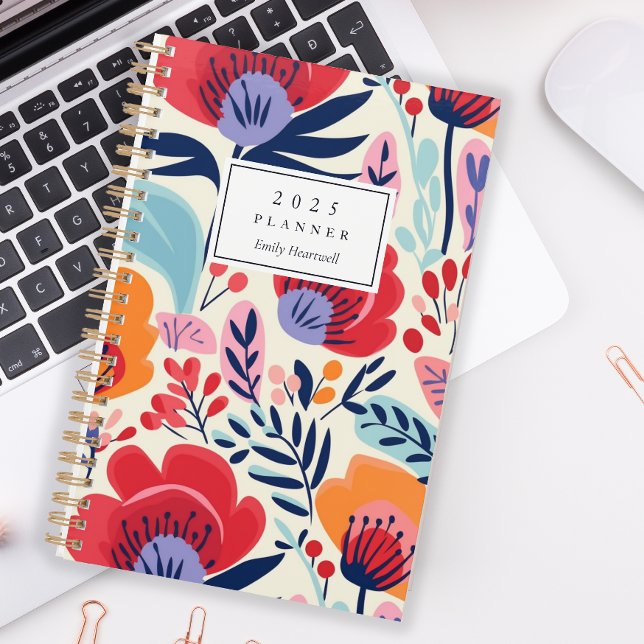 Bold Red Orange Floral Pattern Personalised 2025 Planner (Creator Uploaded)