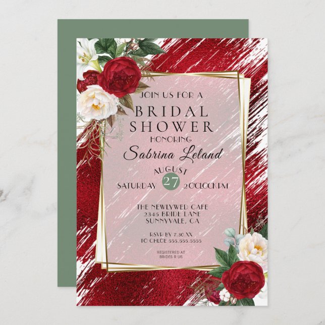 Bold Red Peonies and Crimson Paint Stroke Invitation (Front/Back)