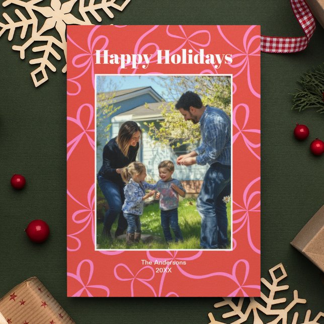 Bold Red & Pink Ribbon Pattern Photo  Holiday Card (Creator Uploaded)