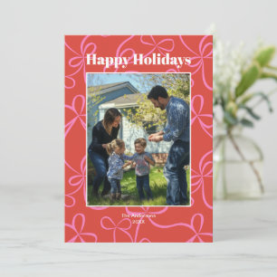 Bold Red & Pink Ribbon Pattern Photo Holiday Card