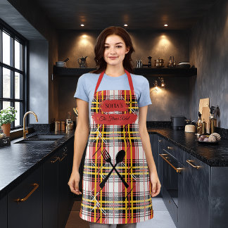 Bold Red Plaid Personalised with Cooking Utensils Apron