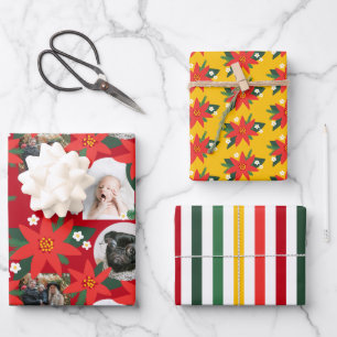 Bold Red Poinsettia Photo Stripe Christmas Holiday Wrapping Paper Sheet