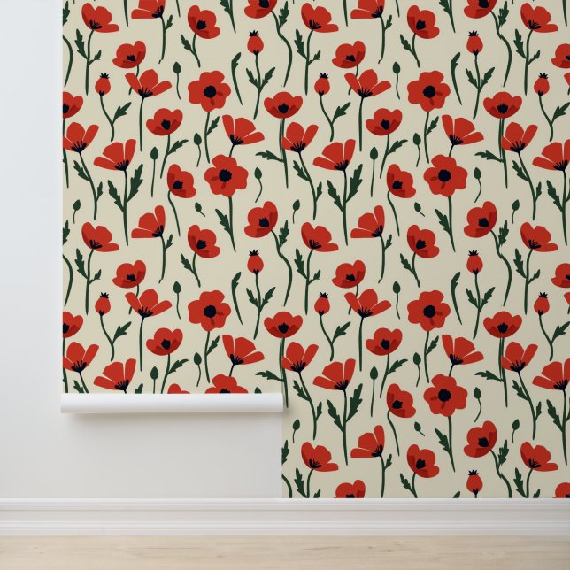 Bold Red Poppies | Classic Floral Pattern Wallpaper (Application)
