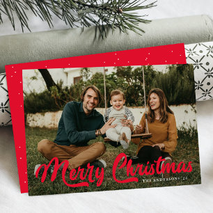 Bold Red Retro Script Merry Christmas 2 Photo Holiday Card