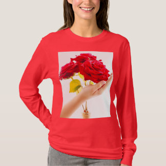 "Bold Red Roses on Red T-Shirt – Floral Statement