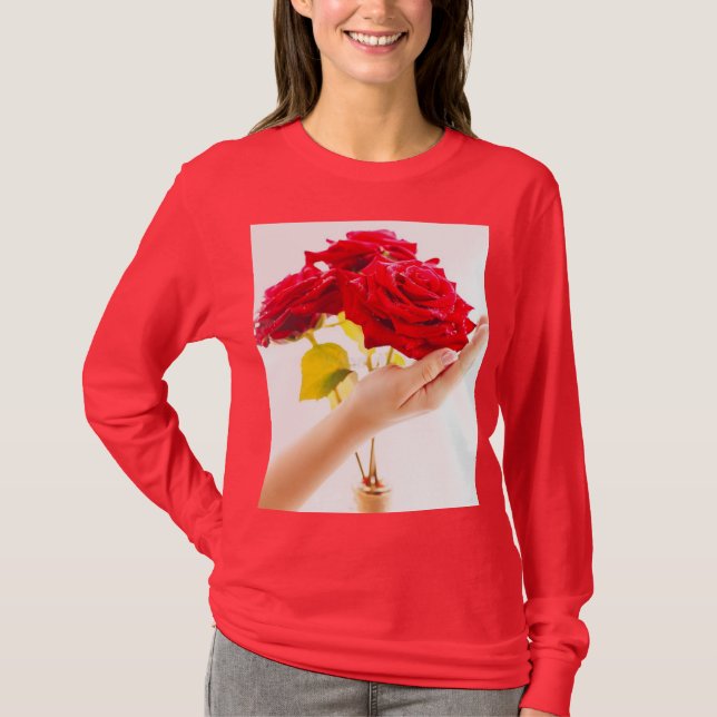 "Bold Red Roses on Red T-Shirt – Floral Statement  (Front)