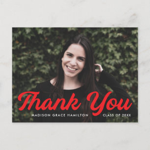 Bold Red Script Photo Graduation Thank You Postcard