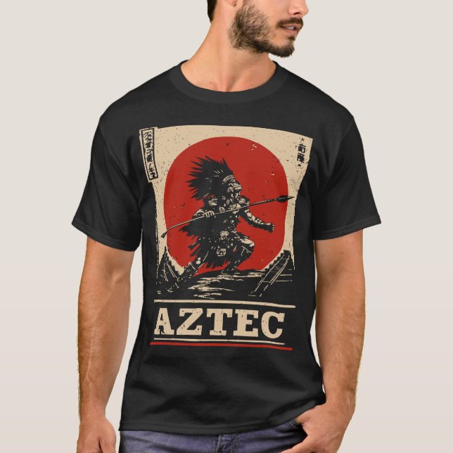 Bold Red Sun Aztec Warrior Cultural Design T-Shirt (Front)
