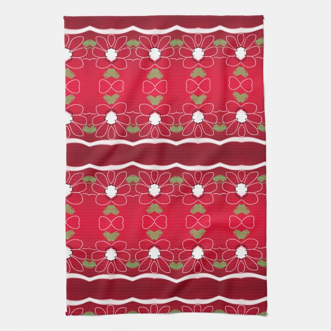 Bold Red Tea-Towel With a Floral Design Tea Towel (Vertical)