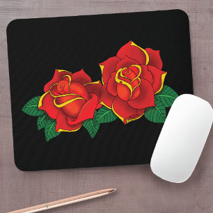 Bold Red Traditional Roses Tattoo Black Mouse Pad
