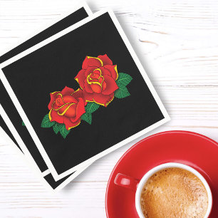 Bold Red Traditional Roses Tattoo Black Napkin