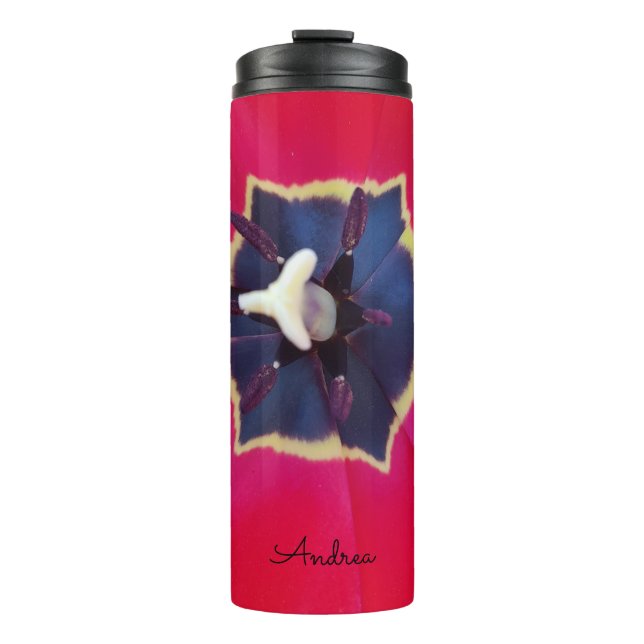 Bold Red Tulip Flower Macro Nature Photography Thermal Tumbler (Front)