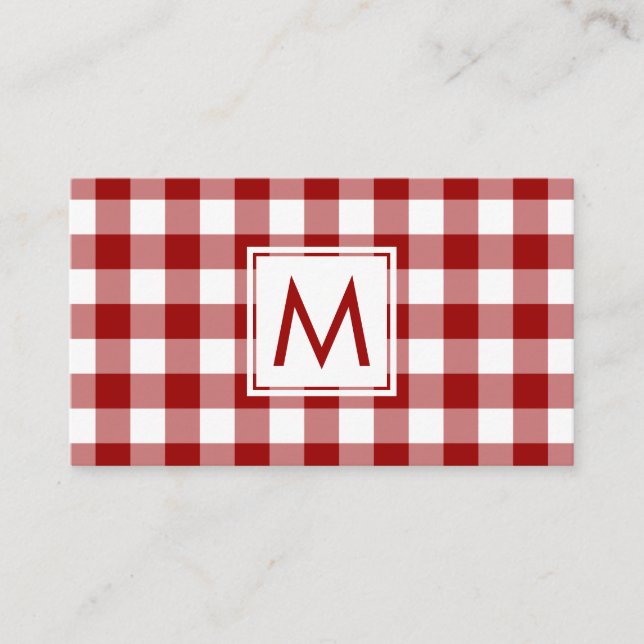 Bold Red White Buffalo Plaid Pattern Monogram Business Card (Front)