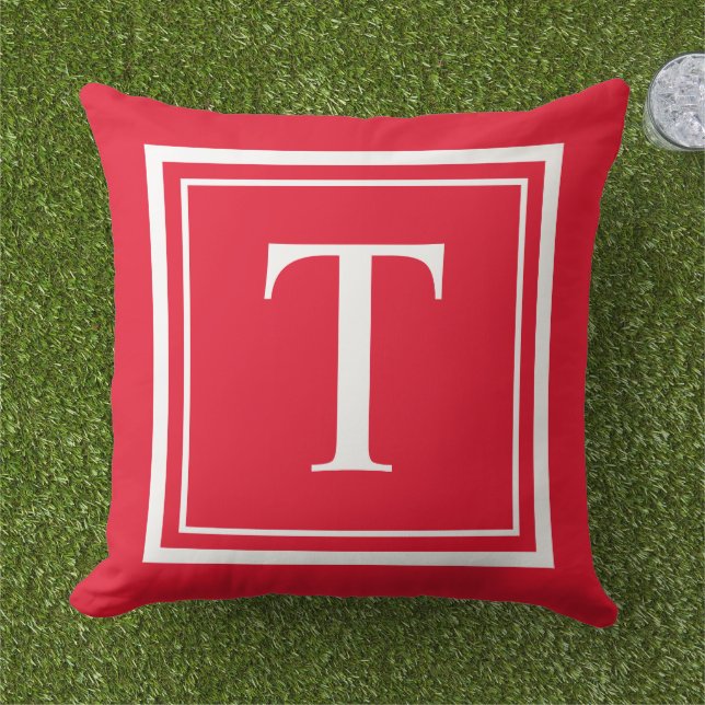 Bold Red White Square Frame Monogram Cushion (Grass)
