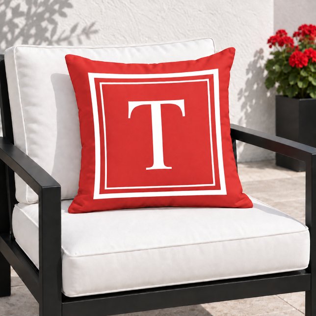 Bold Red White Square Frame Monogram Cushion (Creator Uploaded)