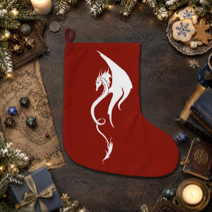 Bold Red White Tribal Dragon Christmas Design Large Christmas Stocking