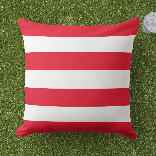 Bold Red White Wide Horizontal Stripe Cushion (Grass)
