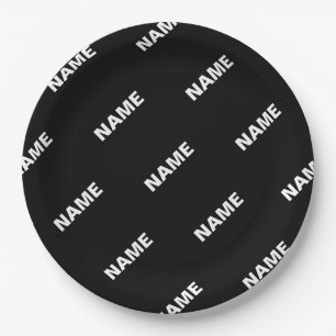 Bold Repeating Editable Name   Simple Black White Paper Plate