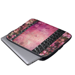 Bold reptile, pink floral black laptop sleeve