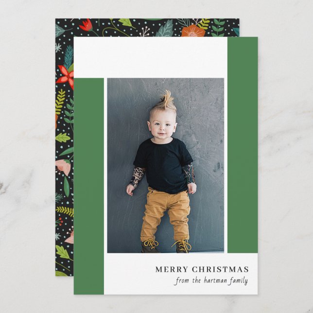 Bold Retro Citrus & Floral Green Christmas Photo   Holiday Card (Front/Back)