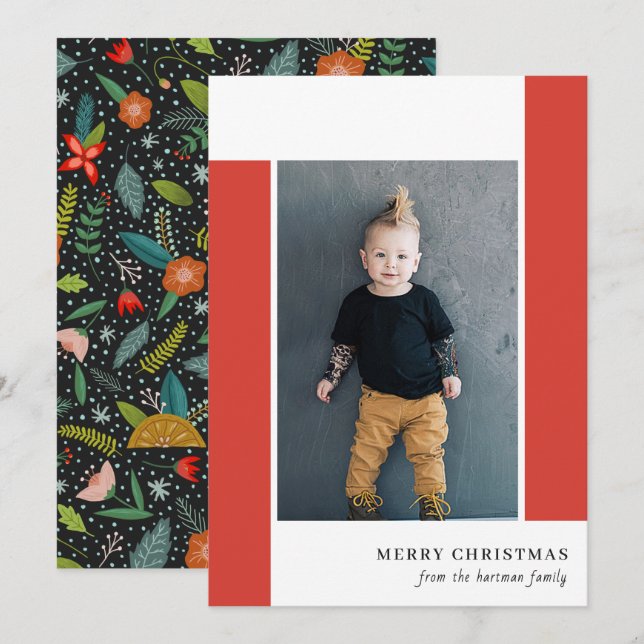 Bold Retro Citrus & Floral Red Christmas Photo Holiday Card (Front/Back)